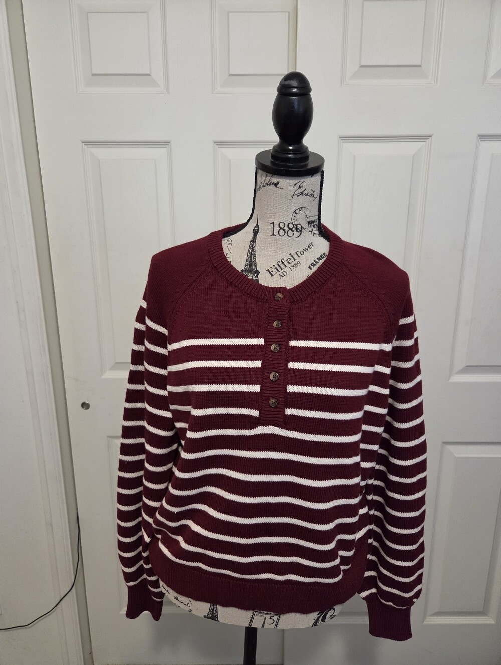 Abella Burgundy/Cream Striped Cotton Pullover Sweater - Size L